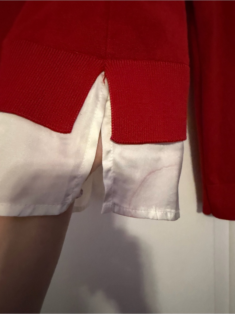 Adrianna Papell Red Knit Top with Pearl-Studded Ivory Collar - Picture 6 of 8